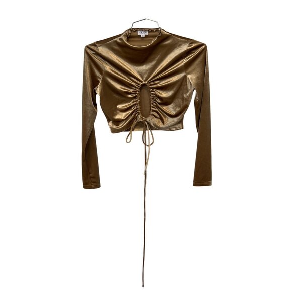 Le Lis Collection Velvet Ruched Tie Front Crop Top Size Small Long Sleeve Gold - Picture 1 of 7